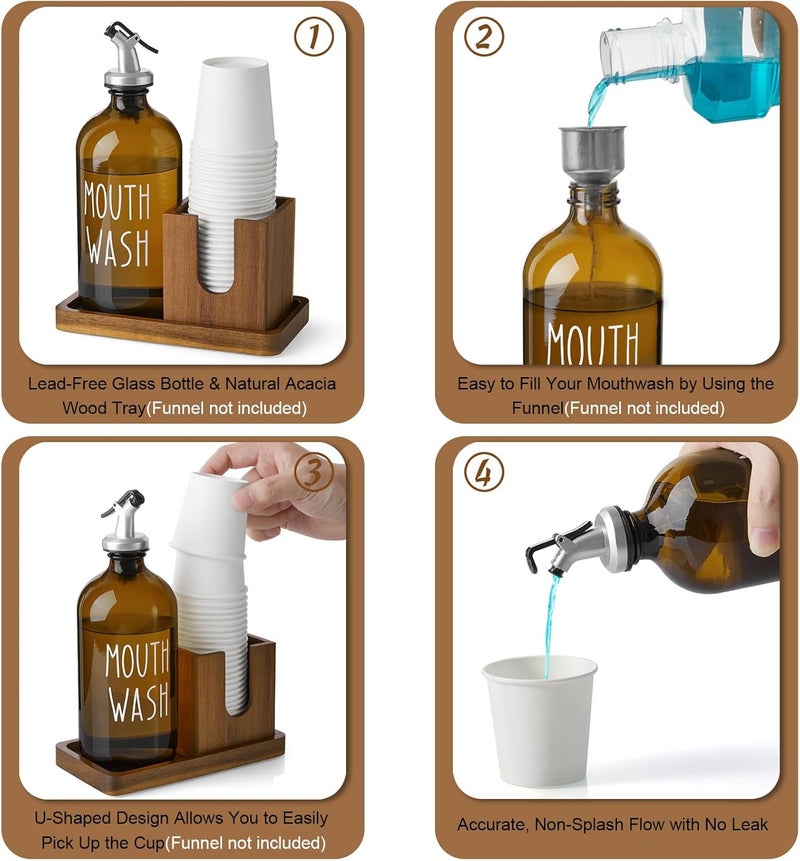 Bivvclaz Amber Glass Mouthwash Dispenser for Bathroom, 16 OZ Mouthwash Dispenser with Pour Spout and Acacia Wood Cup Holder and Tray, Mouth Wash Bottle Container for Kitchen Bathroom Decor and Accessories - Image 3